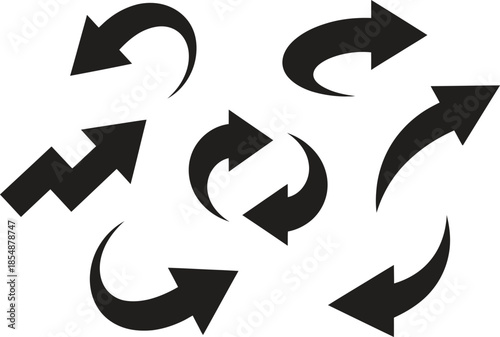 Refresh arrow icon set, circular reload and rotation symbols, flat black vector illustration isolated on white background