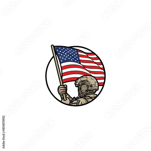 Astronaut Holding American Flag Emblem In Circular Badge Design.