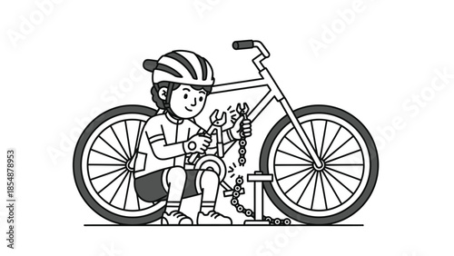 Enthusiastic young cyclist repairing their bicycle with tools illustration for sports hobby and maintenance themes