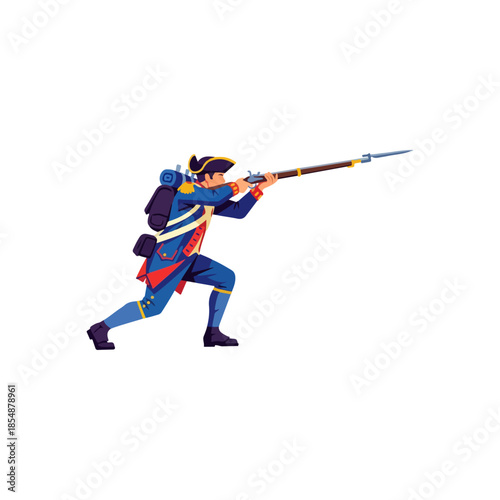 Cartoon Soldier in Blue Uniform Aiming Musket.