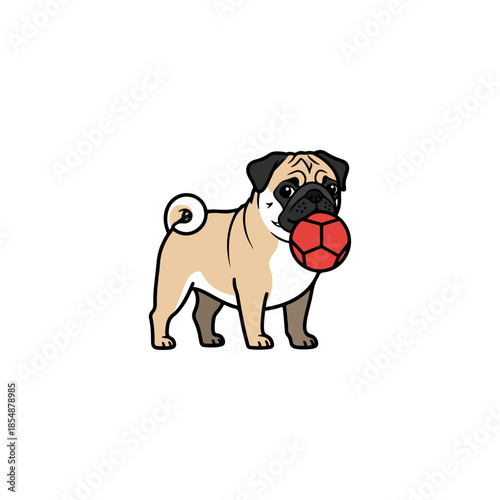 Cartoon Pug With Red Ball In Its Mouth.