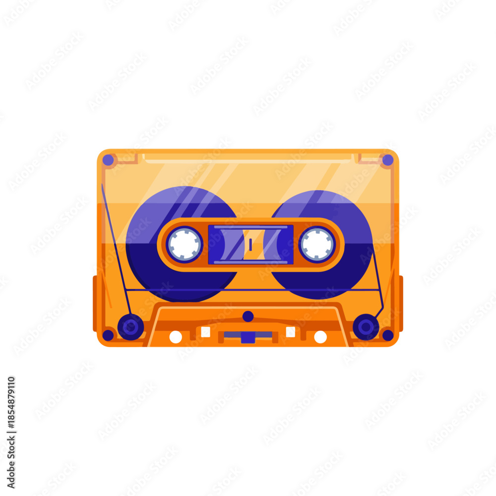 Fototapeta premium Bright orange cassette tape with purple circular design close up.