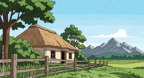 A beautiful colored drawing of a rustic cottage with a thatched roof in a green country landscape with mountains in the distance.