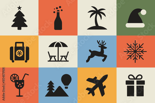 Holiday flat icon set, travel celebration and seasonal symbols, colorful vector illustration isolated on white background