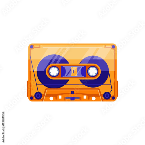 Bright orange cassette tape with purple circular design close up.