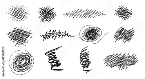 A collection of black, hand-drawn scribble and scratch textures, including chaotic lines, circles, and cross-hatching for a grunge effect.