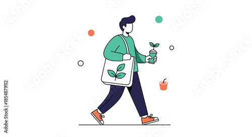 A modern illustration of a person walking with an eco-friendly tote bag and carrying a reusable cup with a small plant growing.
