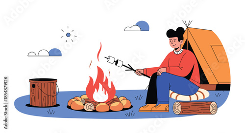 A person is shown happily roasting a marshmallow over a campfire next to a tent, enjoying a peaceful camping experience in nature.