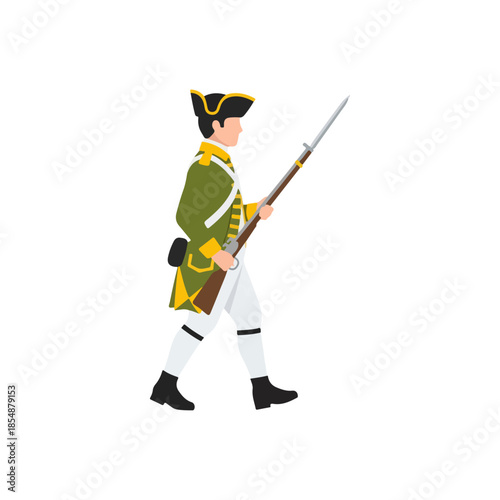Colonial era soldier marching with rifle and bayonet.