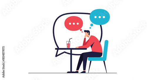 Vector illustration of a pensive man sitting at a table, contemplating a conversation represented by colorful speech bubbles in a thought cloud.