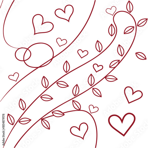 Whimsical hand drawn hearts and vines on white background