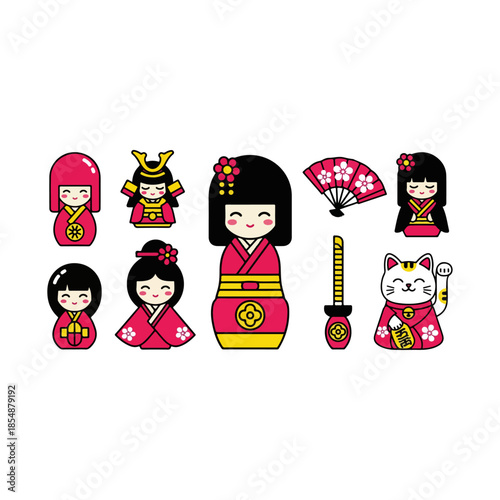 Collection of colorful kokeshi dolls in traditional kimono.