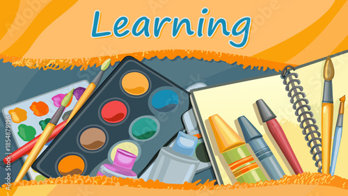 Vibrant art supplies including paints, brushes, and crayons for creative learning activities