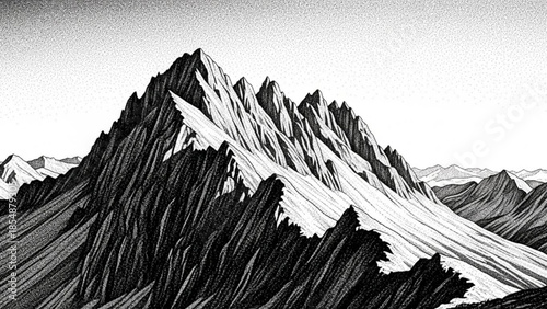 Detailed illustration of a rugged mountain range with snow capped peaks and trees in black and white