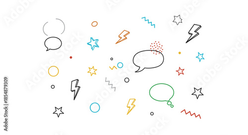 Minimalist background design featuring a scattered collection of colorful hand-drawn doodle elements like stars and speech bubbles.