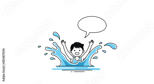 Joyful cartoon boy splashing happily in the water with his arms raised and an empty speech bubble for text, illustrated in line art style.