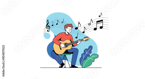 Young man sitting on a stool and passionately playing an acoustic guitar, with musical notes flowing around him in a melodic vector design.