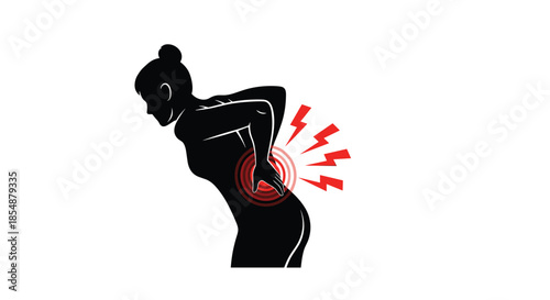 Silhouette of a woman experiencing severe lower back pain, holding her aching back with a red glowing pain indicator, showing discomfort.