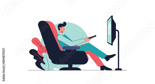 Man relaxing in a modern armchair and watching television, using a remote control to change channels in a contemporary flat illustration.