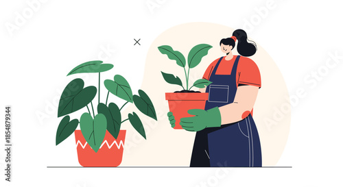 Happy woman in an apron and gloves caring for her houseplants, holding a potted plant and smiling, promoting the hobby of gardening.