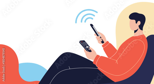 Man relaxing in a chair using a remote control and a smartphone simultaneously, with a Wi-Fi signal indicating connectivity and streaming.