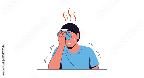 Man suffering from a fever or heatstroke, holding a blue ice pack to his forehead, looking unwell with sweat and heat waves.
