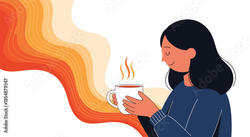 Woman with her eyes closed, peacefully smiling while holding a warm cup of coffee or tea, with colorful steam waves flowing behind her.