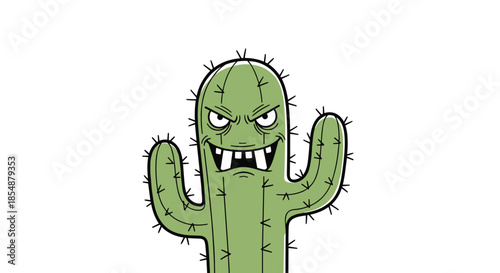Funny and menacing cartoon cactus character with a mischievous grin, sharp teeth, and angry eyes, illustrated in a bold comic style.