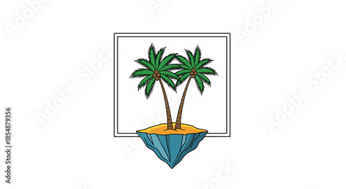 Creative illustration of a small tropical island with two palm trees, floating in the air on a piece of rock, enclosed in a square frame.