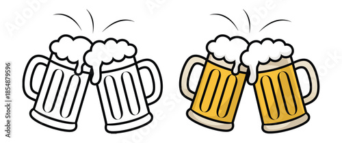 Cheers beer mug toasting vector for pub party celebration and alcoholic drink festival event branding in flat design style