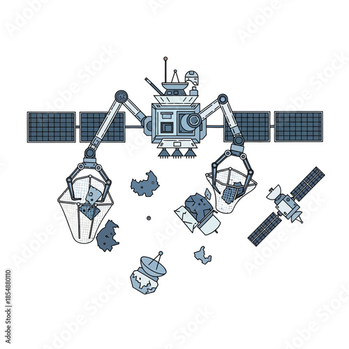 Space debris cleanup satellite collecting junk in orbit