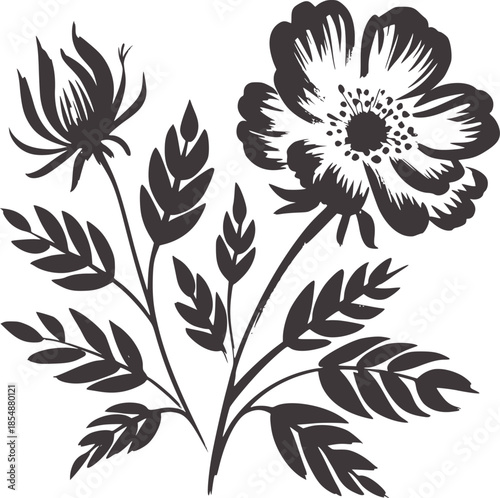 Black ink painted flower with dark fern leaves petals