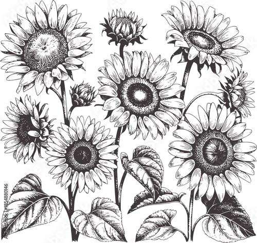 Detailed black and white botanical sunflower with leaves and buds