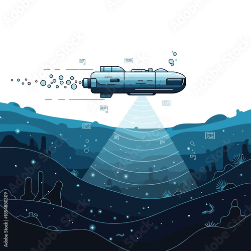 Submarine exploring deep ocean floor with sonar scanning technology