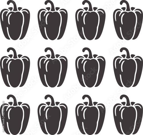 Twelve identical black bell pepper in four rows bellpepper