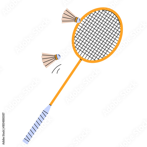 Hand-drawn badminton racket with with shuttlecocks.Ideal for sports graphics,creative project and designs.Colorful playing badminton racket icon.Vector illustration isolated on white background.EPS 10