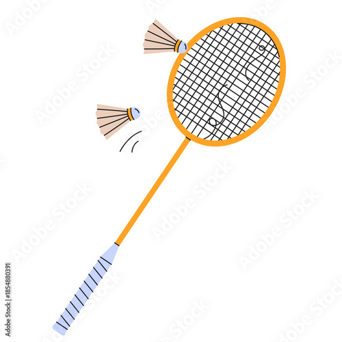 Hand-drawn Badminton racket with a broken string with shuttlecocks.Ideal for sports graphic,creative projects and design.Colorful Badminton icon.Vector illustration isolated on white background.EPS 10