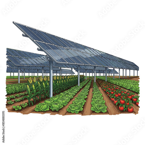 Solar panels over crops sustainable agriculture and renewable energy concept