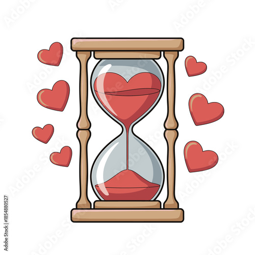 Hourglass with red hearts symbolizing love and time passing together