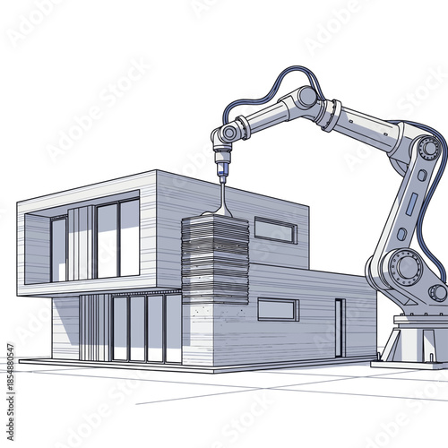 Robotic arm 3d printing a modern modular house blueprint sketch