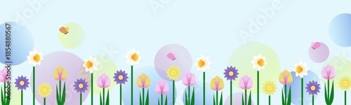 Wide spring background with pink tulips, white daffodils, purple and yellow anemones, against a backdrop of gradient circles in blue, yellow, and lilac with space for text. Vector illustration for web