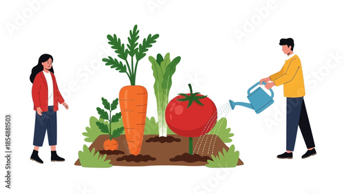 People gardening together in a lush vegetable garden