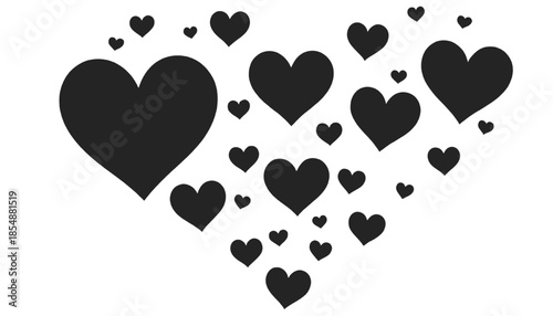 Black heart silhouettes scattered on white background representing love romance emotion and minimal design