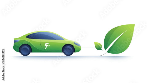 Green electric car charging with leaf symbolizing eco friendly transportation