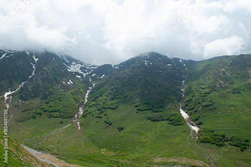 Snow melting in the Ovit Plateau in Rize. Snow turning into streams in autumn. Glaciers melting in spring. A view of snow and streams on a sunny day. Ovit Pass. Magnificent views from the Ovit Plateau