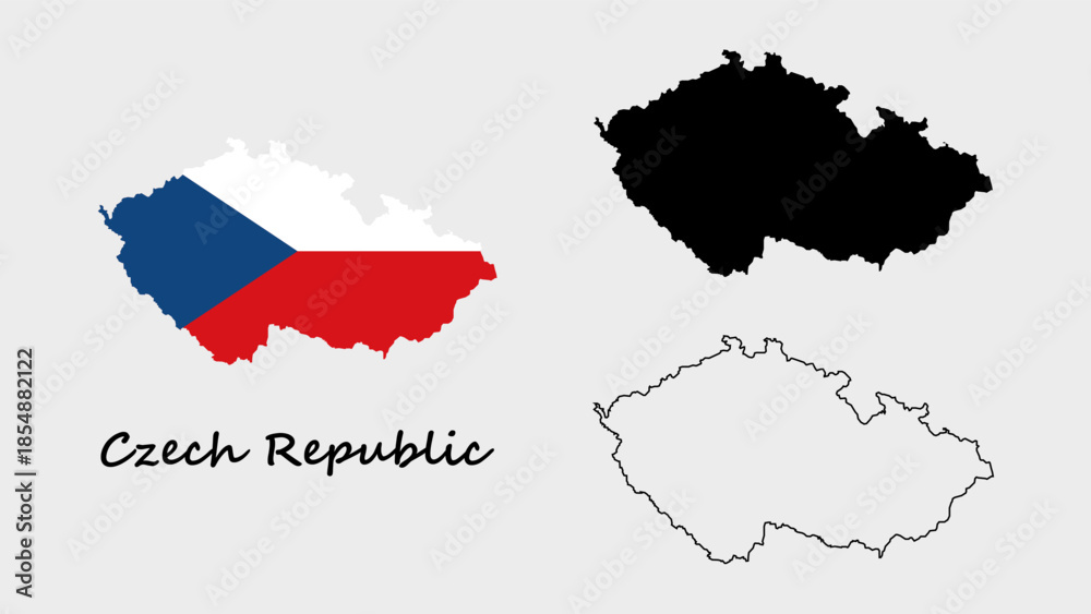 Obraz premium Czech Republic Map Vector Set. Czech Republic map filled with the national flag design, silhouette, and outline map design on white background