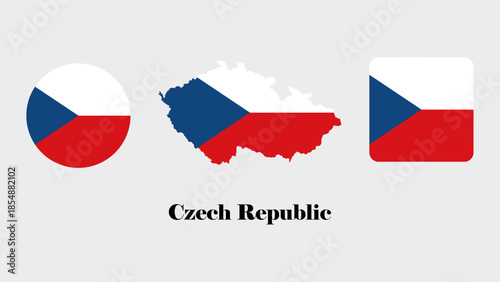 Czech Republic Flag Vector Set. Czech Republic map filled with the national flag design, circle, and simple flag design on white background