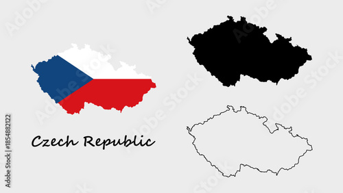 Czech Republic Map Vector Set. Czech Republic map filled with the national flag design, silhouette, and outline map design on white background