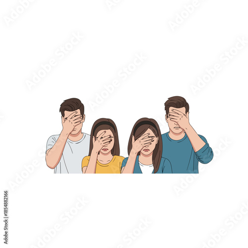 Four people covering their eyes with hands.
