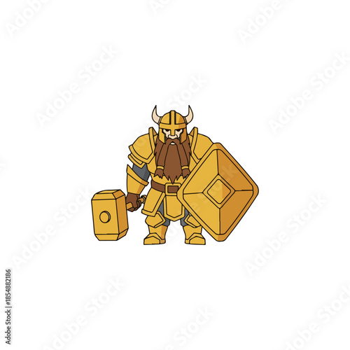 Golden armored dwarf warrior holding shield and dice.